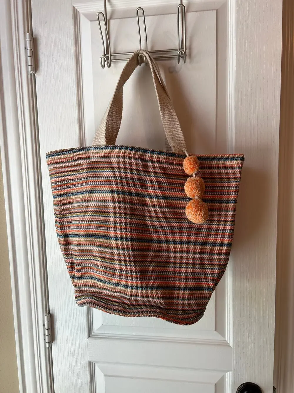 Beach Bag Striped Boho Orange Pom Pom Charm